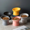 A collection of elevated ceramic food bowls in yellow, black, and pink sitting on a neutral surface.