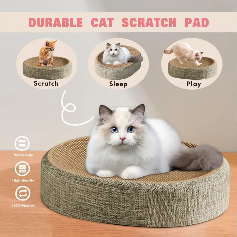 A fluffy white and gray cat is resting on a round, textured scratching pad designed for cats.