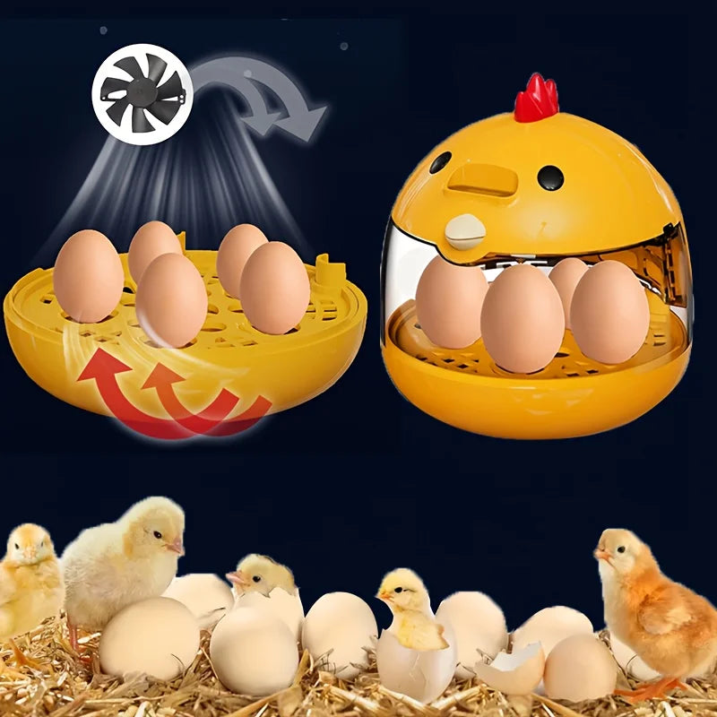 A yellow home egg incubator is shown with several brown eggs inside and a group of chicks and adult birds around it.