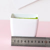 A white rectangular container holds artificial green plant material next to a ruler.