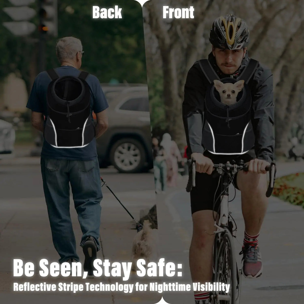 A man wearing a black backpack with a pet carrier is shown from the back, and a man wearing the same backpack is shown from t
