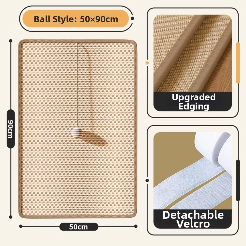 Sisal cat scratching board with a play ball showing its dimensions and features like upgraded edging and detachable velcro