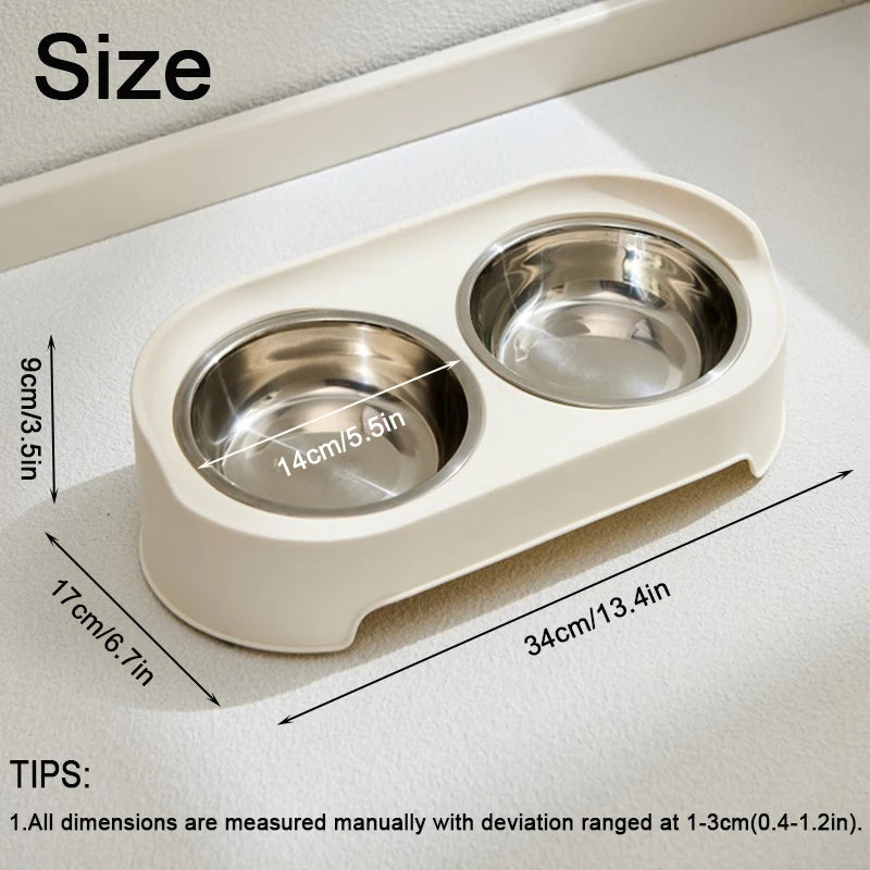 A white elevated dog and cat feeder stand with two stainless steel bowls shown with dimensions.