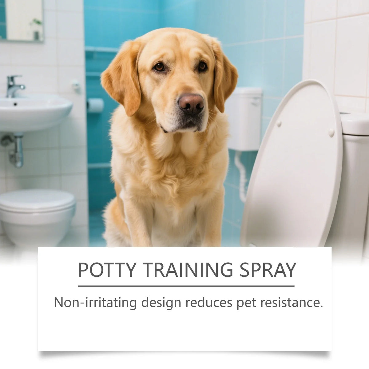 A golden retriever dog sits in a bathroom setting next to a toilet, with a bottle of potty training spray visible.