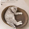 A tabby cat is relaxing in a round, woven bowl-shaped scratching post designed for furniture protection.