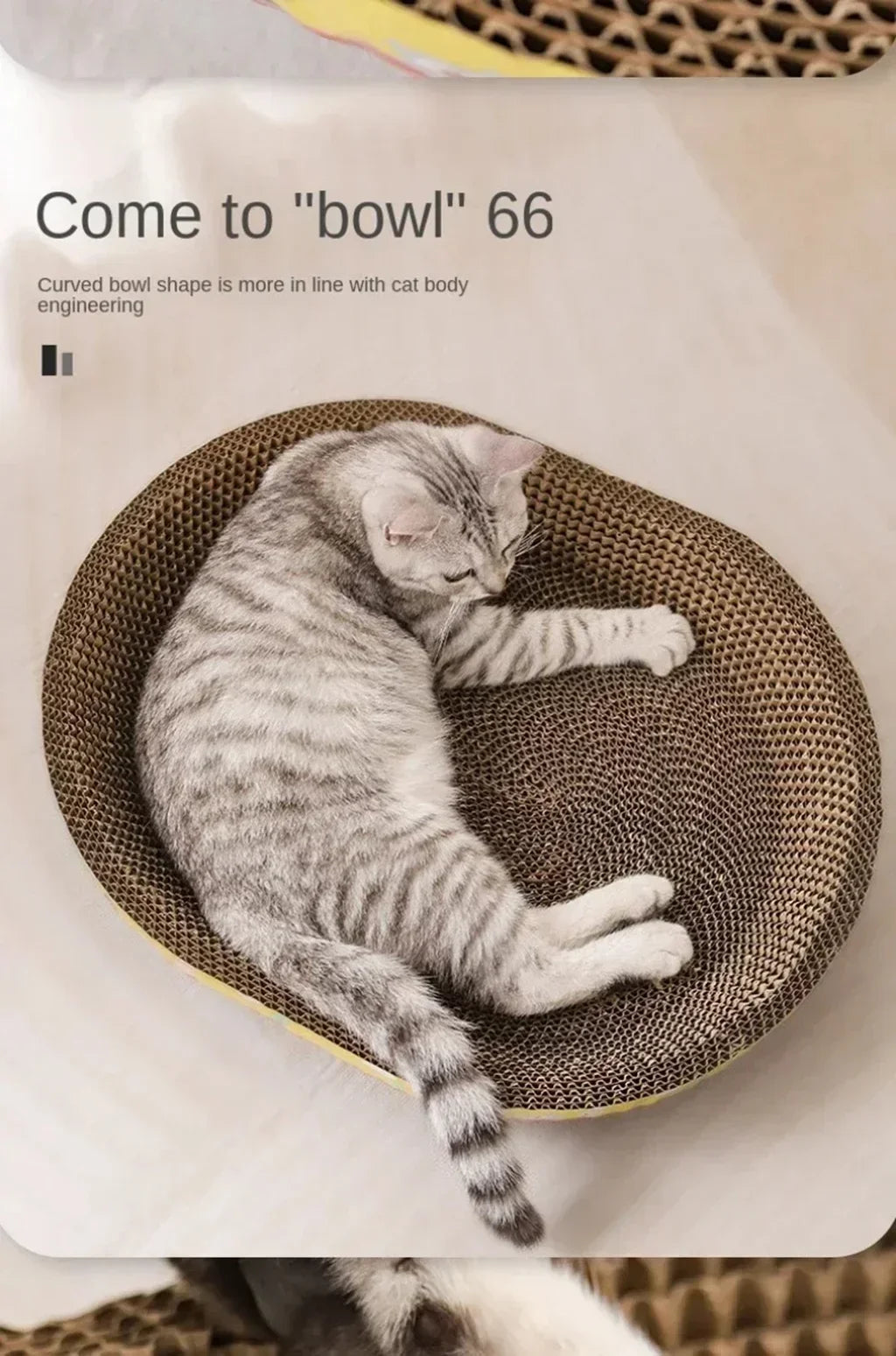 A tabby cat is relaxing in a round, woven bowl-shaped scratching post designed for furniture protection.