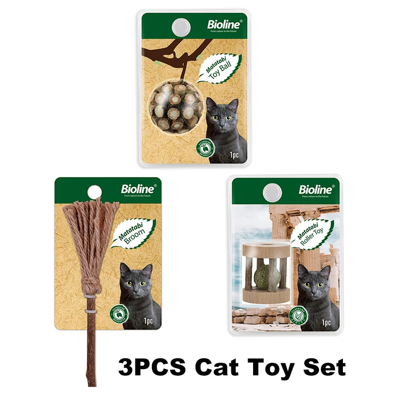 A set of three cat toys including a broom, a toy ball, and a roller toy for dental care and play