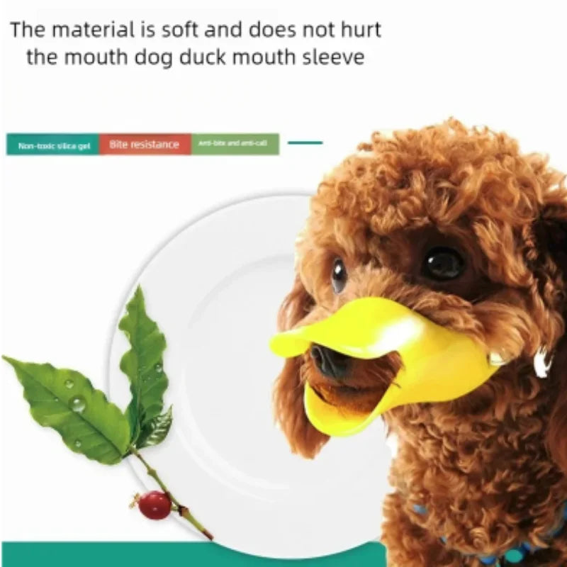 A fluffy brown dog is shown wearing a yellow silicone muzzle, demonstrating its soft and non-hurting nature.