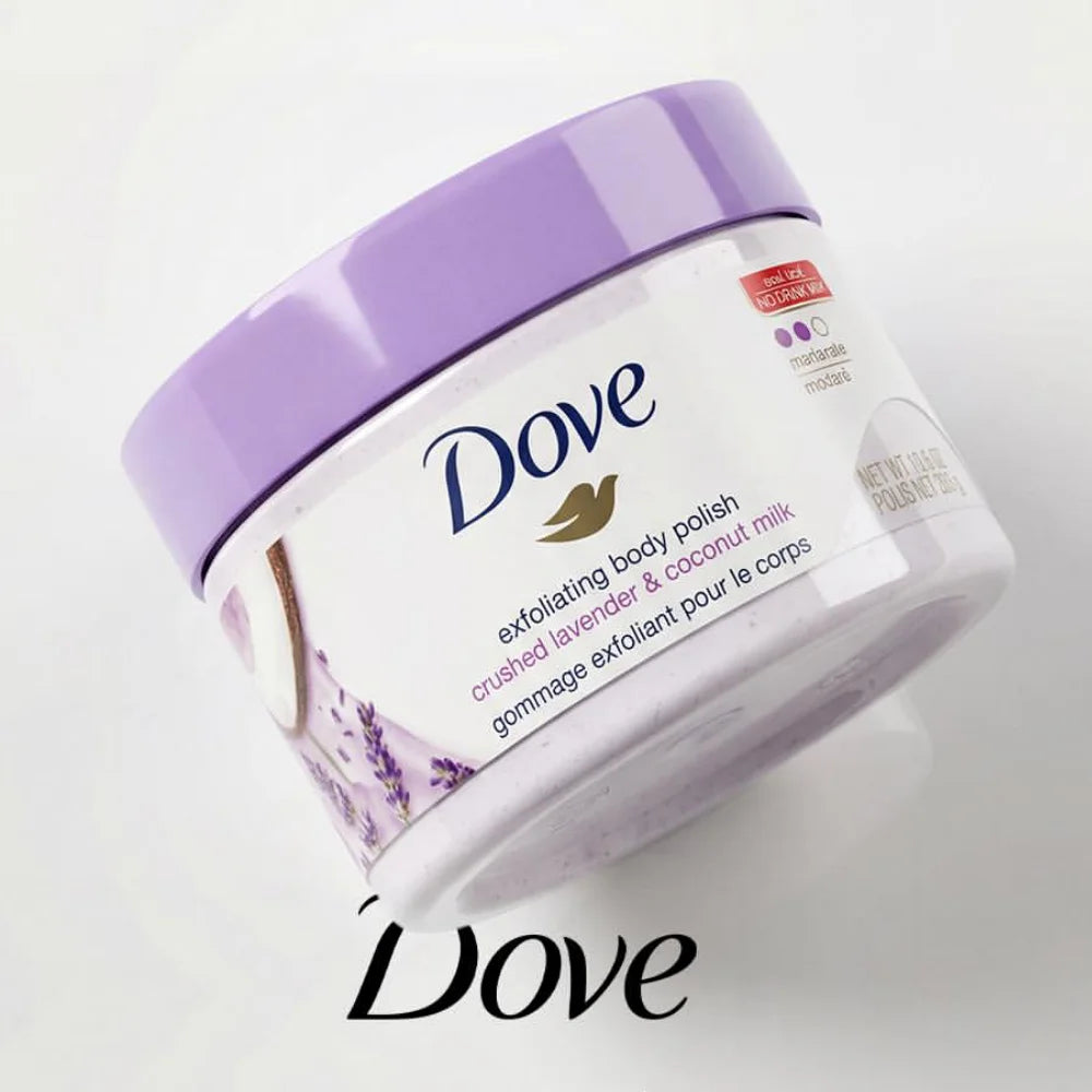 A purple Dove exfoliating body polish jar with a white lid and lavender accents.