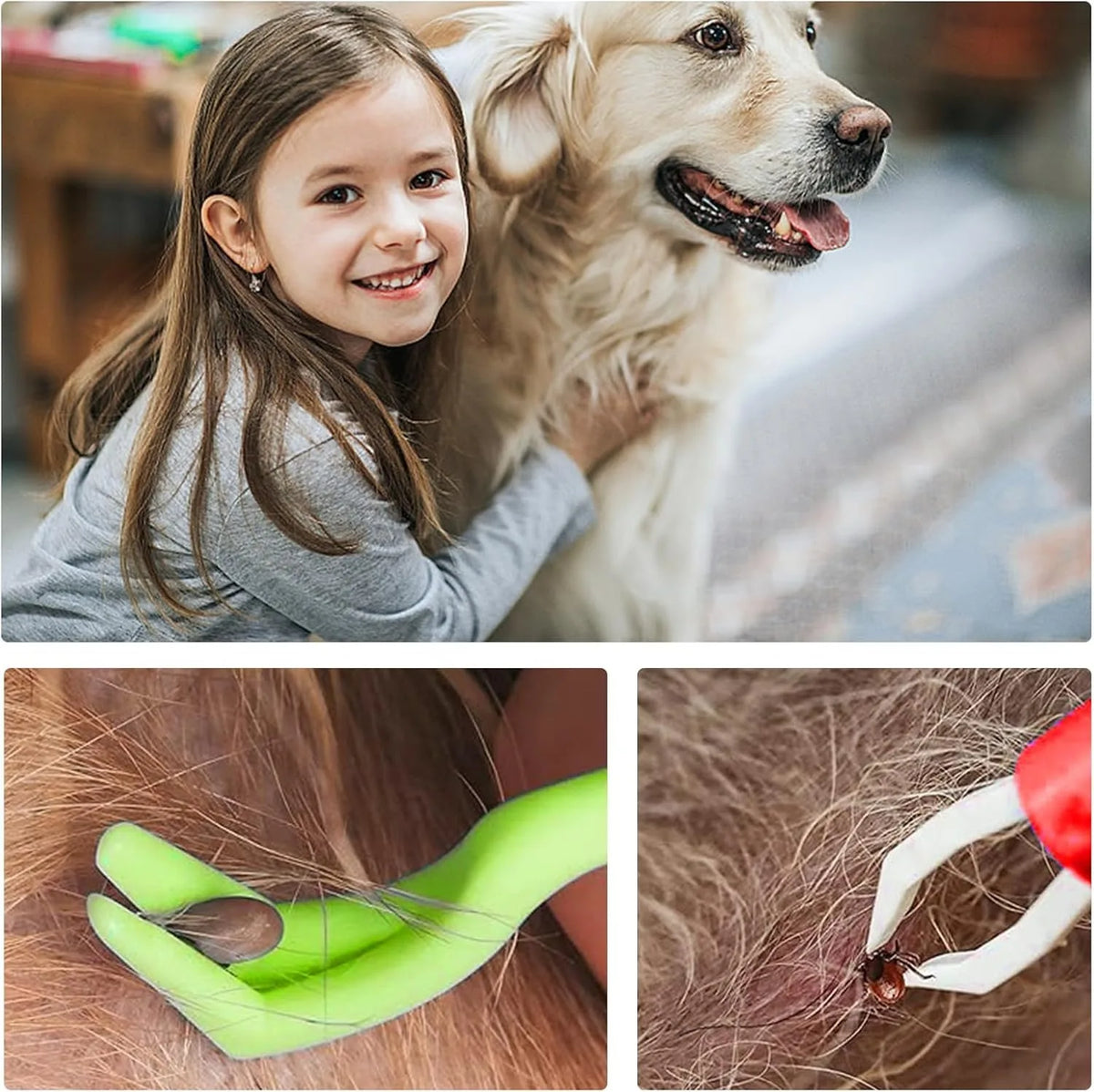 A close-up of a green pet tick and flea removal tool used to remove an insect from a horse's coat.