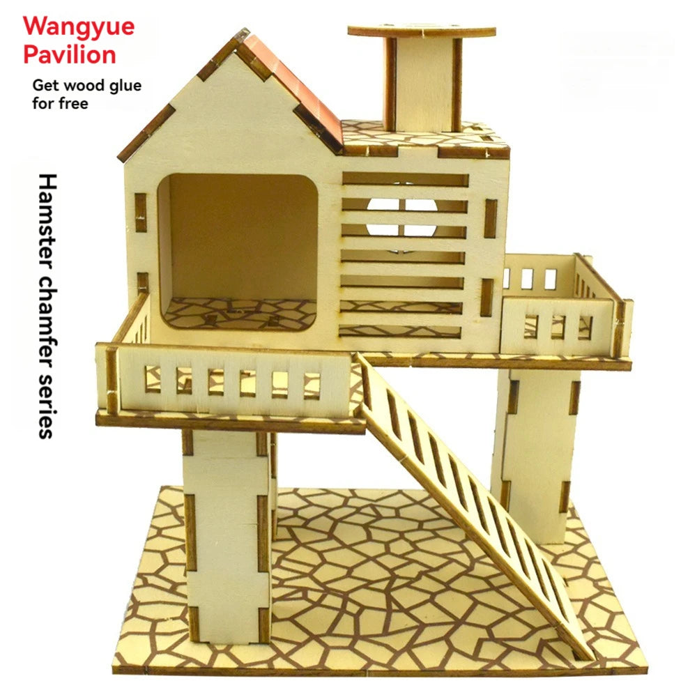 A wooden hamster chamfer series playground set featuring a house, platform, and ladder on a patterned base.