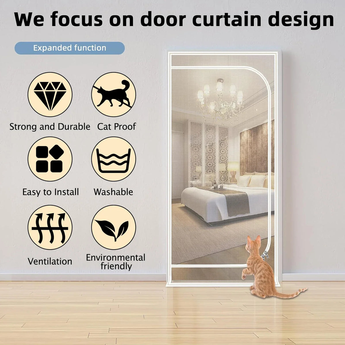 Pet Screen Door Curtain with Double Zipper – Scratch-Resistant Mesh for Interior Doors