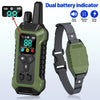 A green remote control dog training collar with a dual battery indicator and a matching strap.