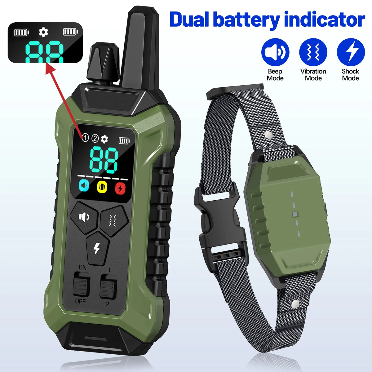 A green remote control dog training collar with a dual battery indicator and a matching strap.