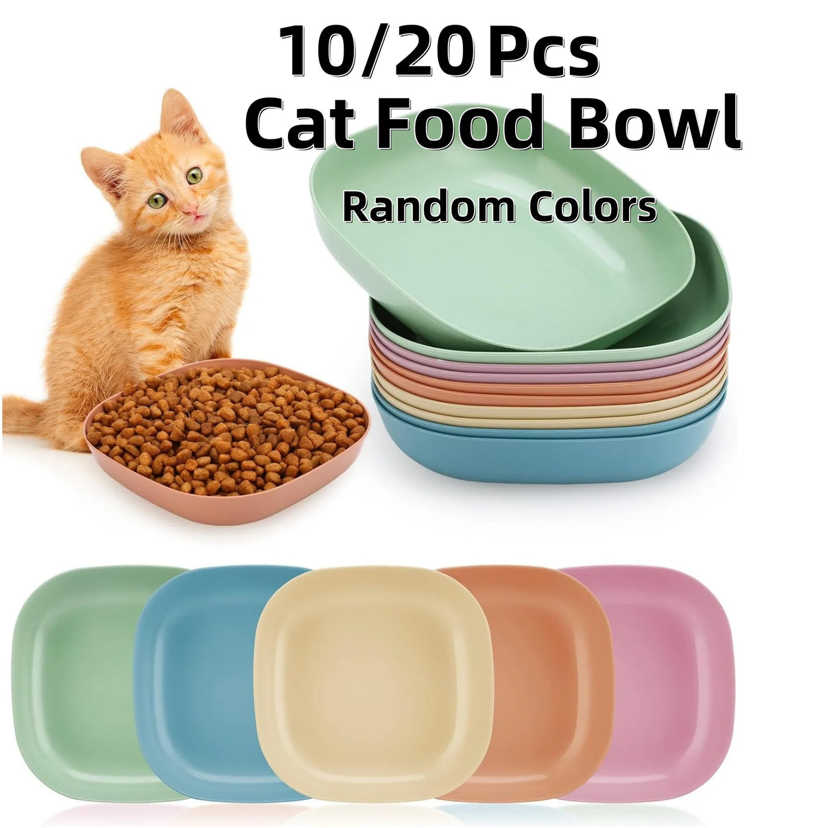 A set of ten to twenty non-slip shallow cat food bowls in various random colors, including green, blue, beige, and pink.
