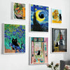 A collection of vibrant canvas prints featuring cats and landscapes in various artistic styles.