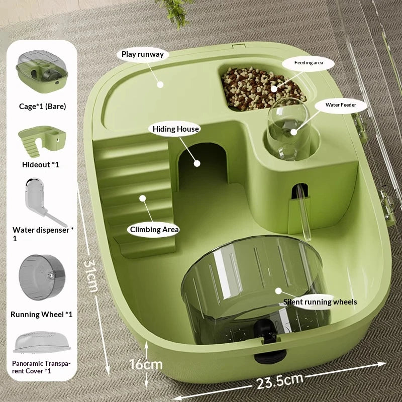 Grünes Luxushamsterkäfig-Habitat mit Laufstrecke, Versteck, Kletterbereich, Futter- und Wasserbehälter.