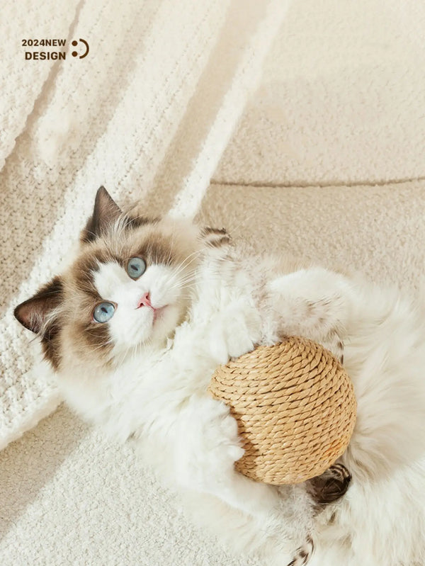 A fluffy calico cat is lying down, looking at the camera, with a woven sisal scratching ball resting near its body.