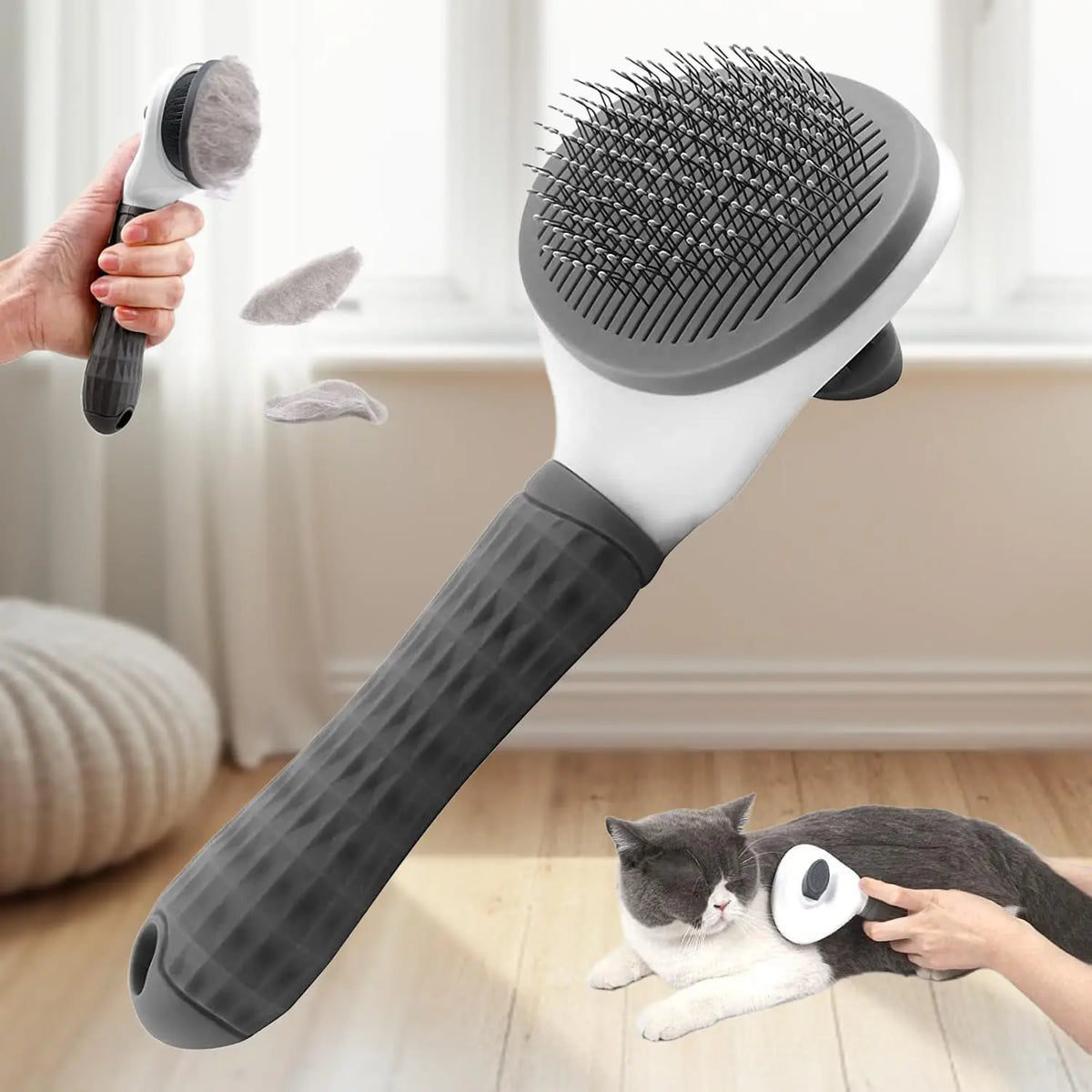 A hand is using a self-cleaning pet hair brush on a cat, demonstrating the grooming tool.