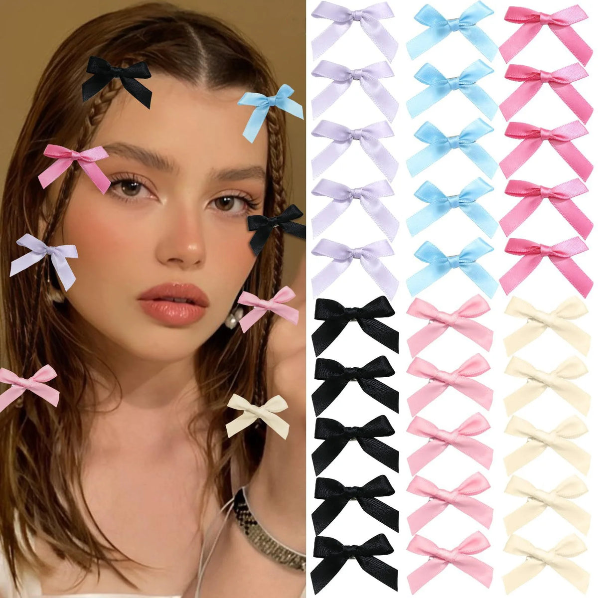 A collection of pink, blue, and white ribbon bow hair clips displayed next to a woman's hair.
