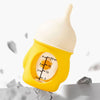 A yellow silicone pet nursing bottle with an anti-choking valve and volume markings is shown against a white background.