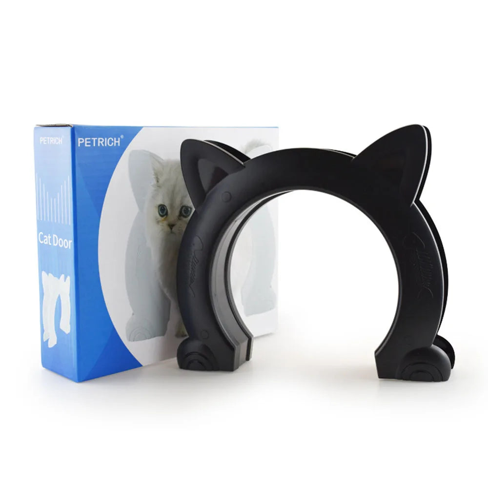 A black easy-install interior cat door with a clear flap is shown next to its packaging.