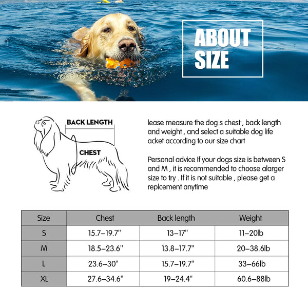 A golden retriever dog swimming in the water wearing a high-visibility reflective life jacket.