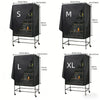 Three bird cages labeled S, M, L, and XL are shown with black covers on a metal stand.