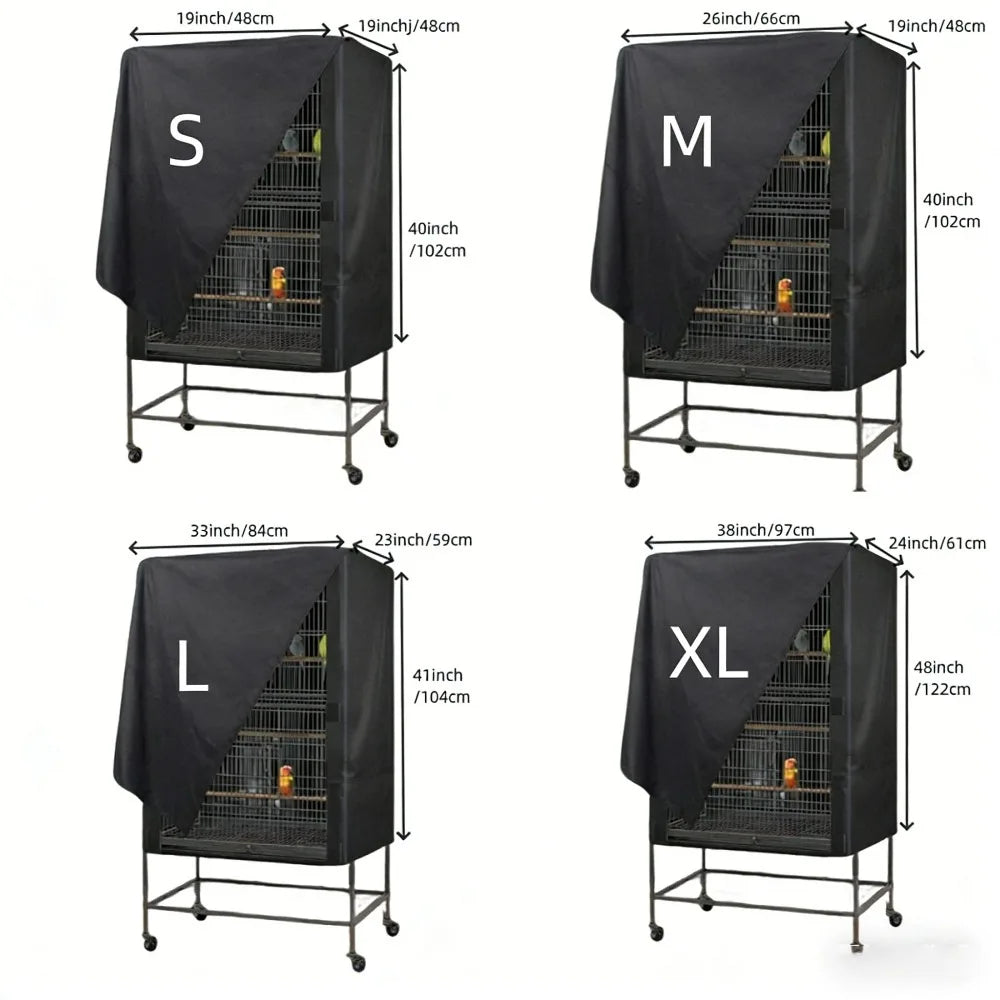 Three bird cages labeled S, M, L, and XL are shown with black covers on a metal stand.