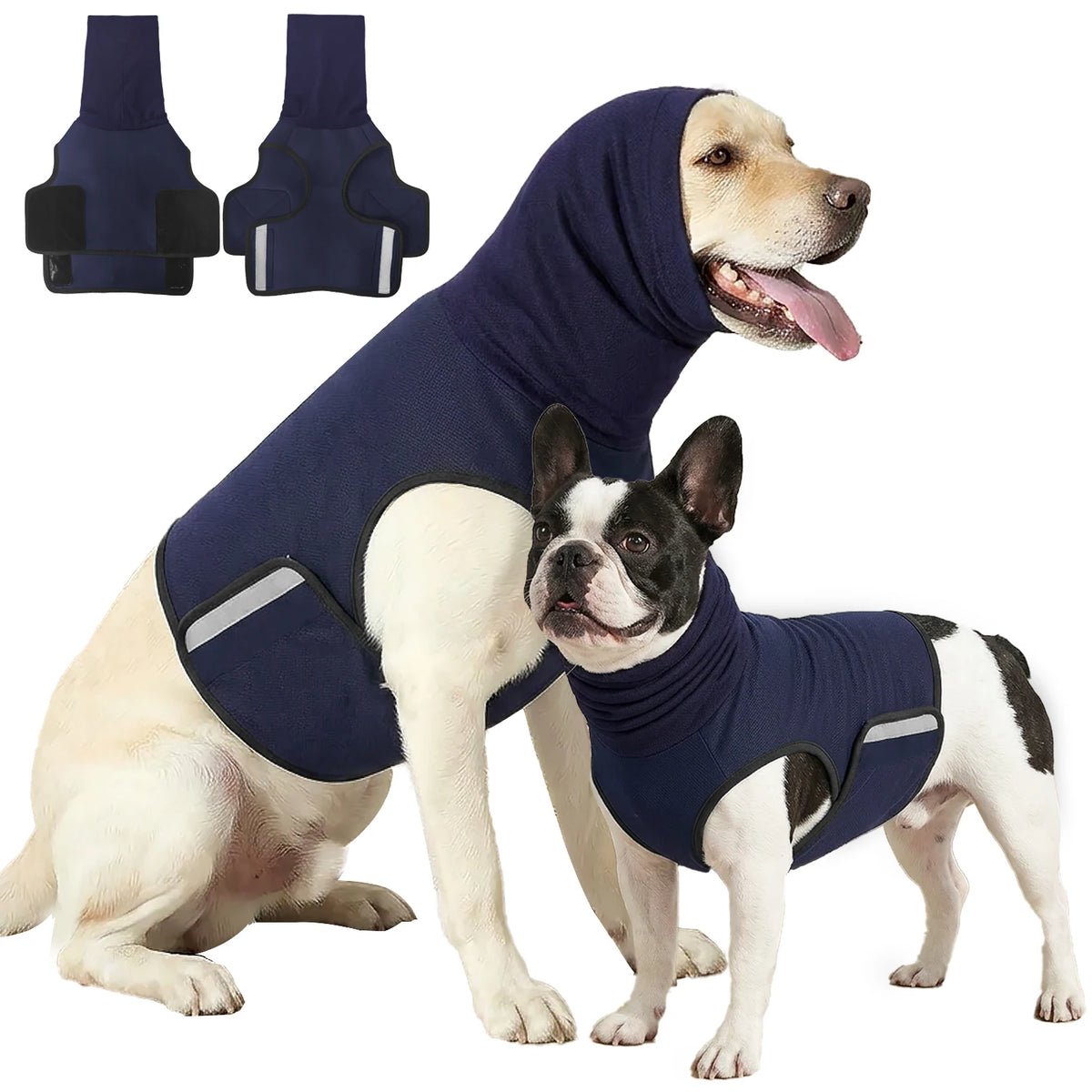 Ein helles Hundekleid mit einem dunkelblauen, beruhigenden Angst-West, zwei separate Westen dargestellt.