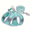 A teal reflective dog and cat harness set with a leash is shown against a white background.