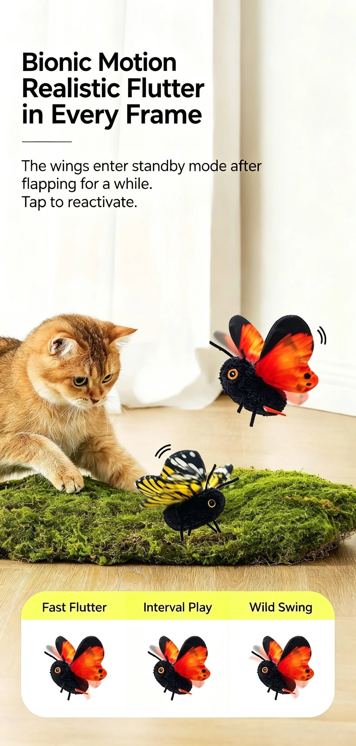 A small orange and black butterfly toy is shown flying near a tabby cat on a green surface.