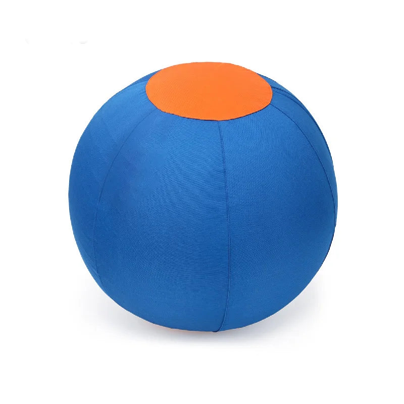A blue inflatable dog training ball with an orange top cover.