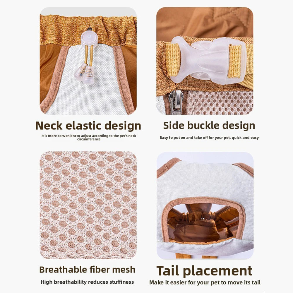 A breathable mesh carrier backpack with a neck elastic design, side buckle, and tail placement for pets.