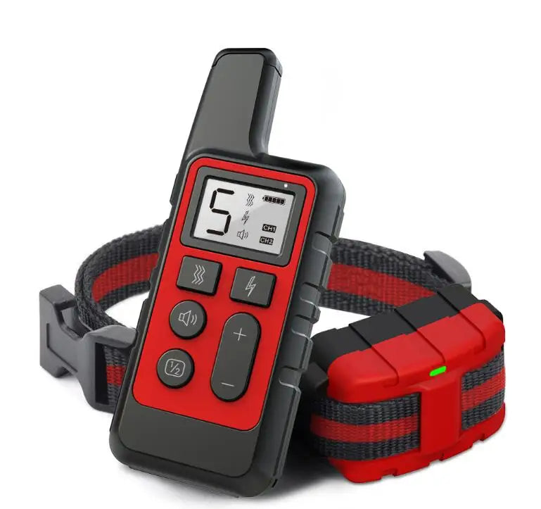 A red and black long-range dog training collar with a remote control is shown on a white background.