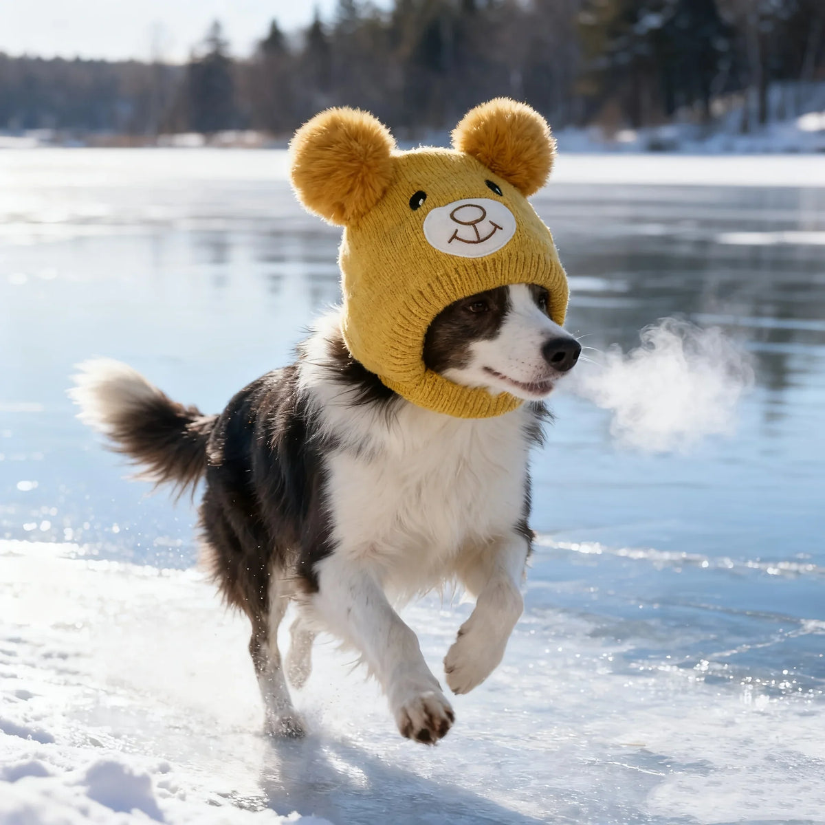 A dog wearing a knitted yellow hat with bear ears is running on ice and snow.