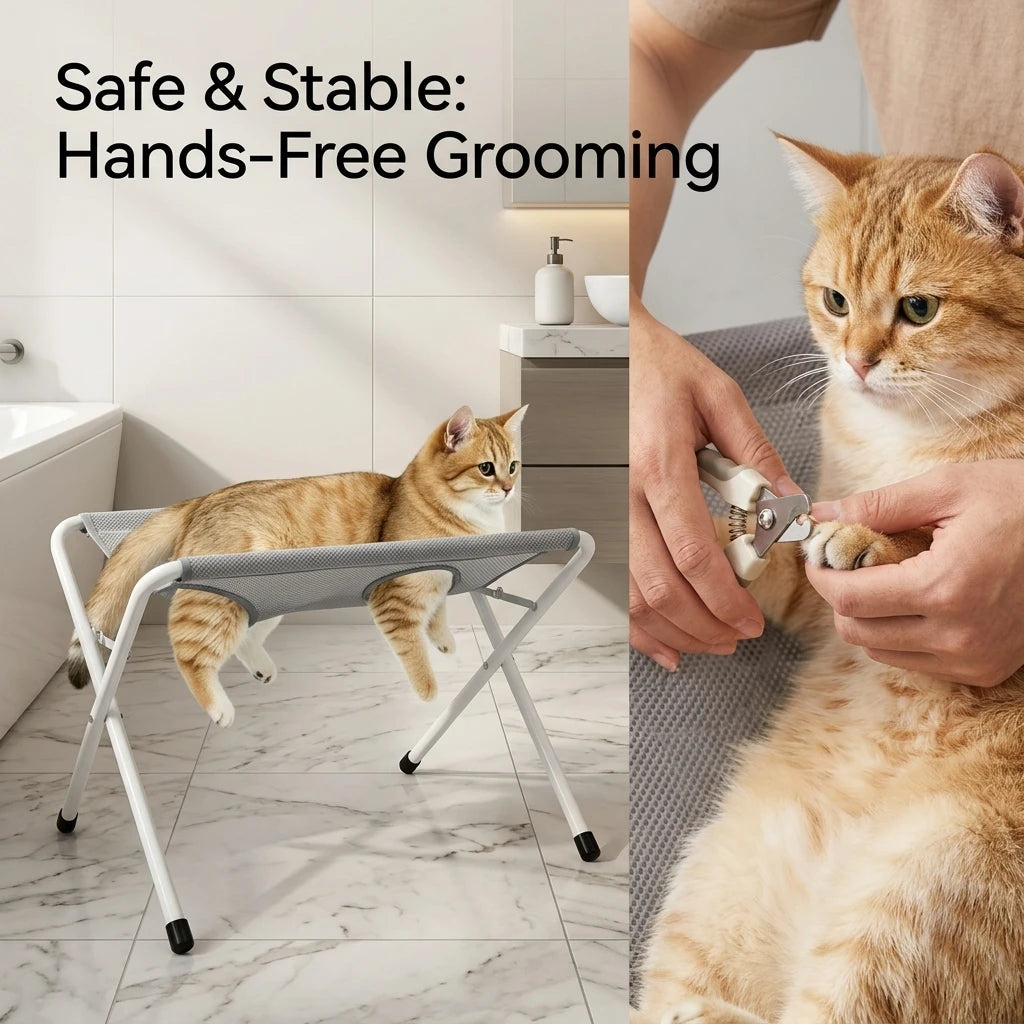 A cat is being groomed by a person using a handheld tool on a foldable pet grooming hammock station.