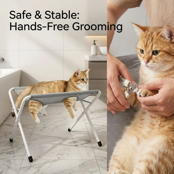 A cat is being groomed by a person using a handheld tool on a foldable pet grooming hammock station.