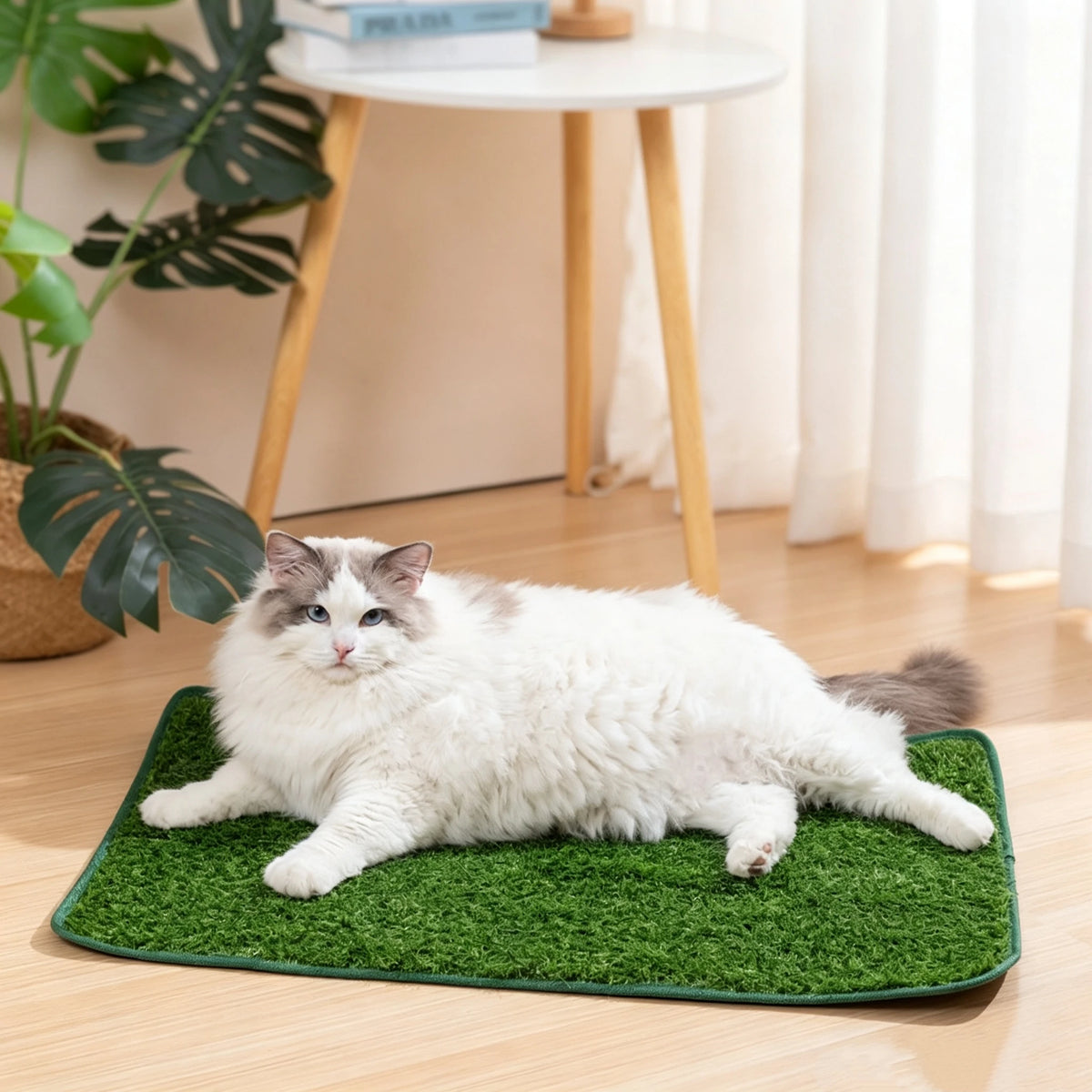 A fluffy white cat lying on a green artificial grass mat for potty training.
