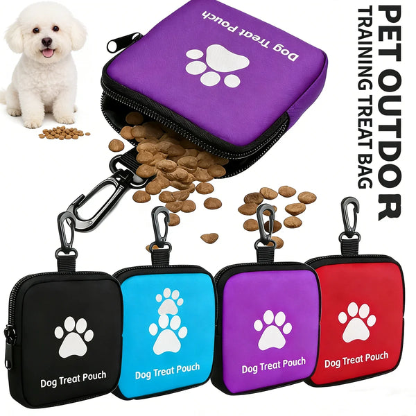 A set of purple, blue, and red portable dog treat pouches with clips for training and outdoor walks.