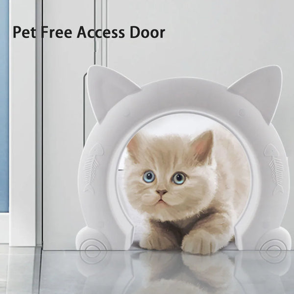 A white pet-free access door features a clear flap allowing a kitten to pass through.