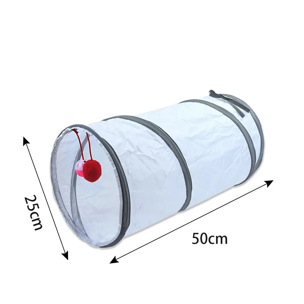 A white collapsible indoor play tunnel for cats shown lying on its side with dimensions marked.