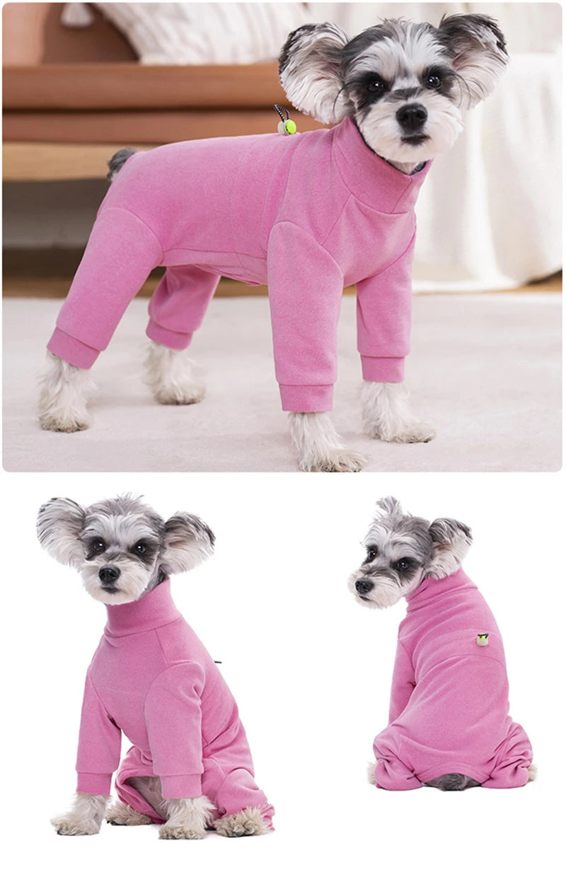A pink thermal fleece dog jumpsuit for winter warmth, shown in a standing and lying pose.