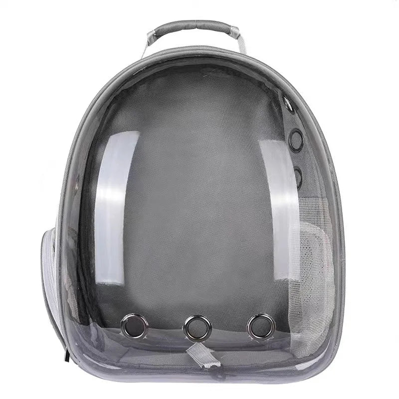 A transparent gray portable backpack designed for pets, featuring a handle and mesh lining.