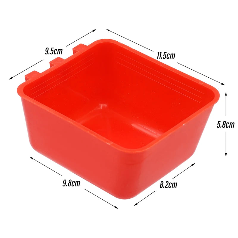Red plastic bird feeder and water bowl with dimensions 9.5cm by 11.5cm.