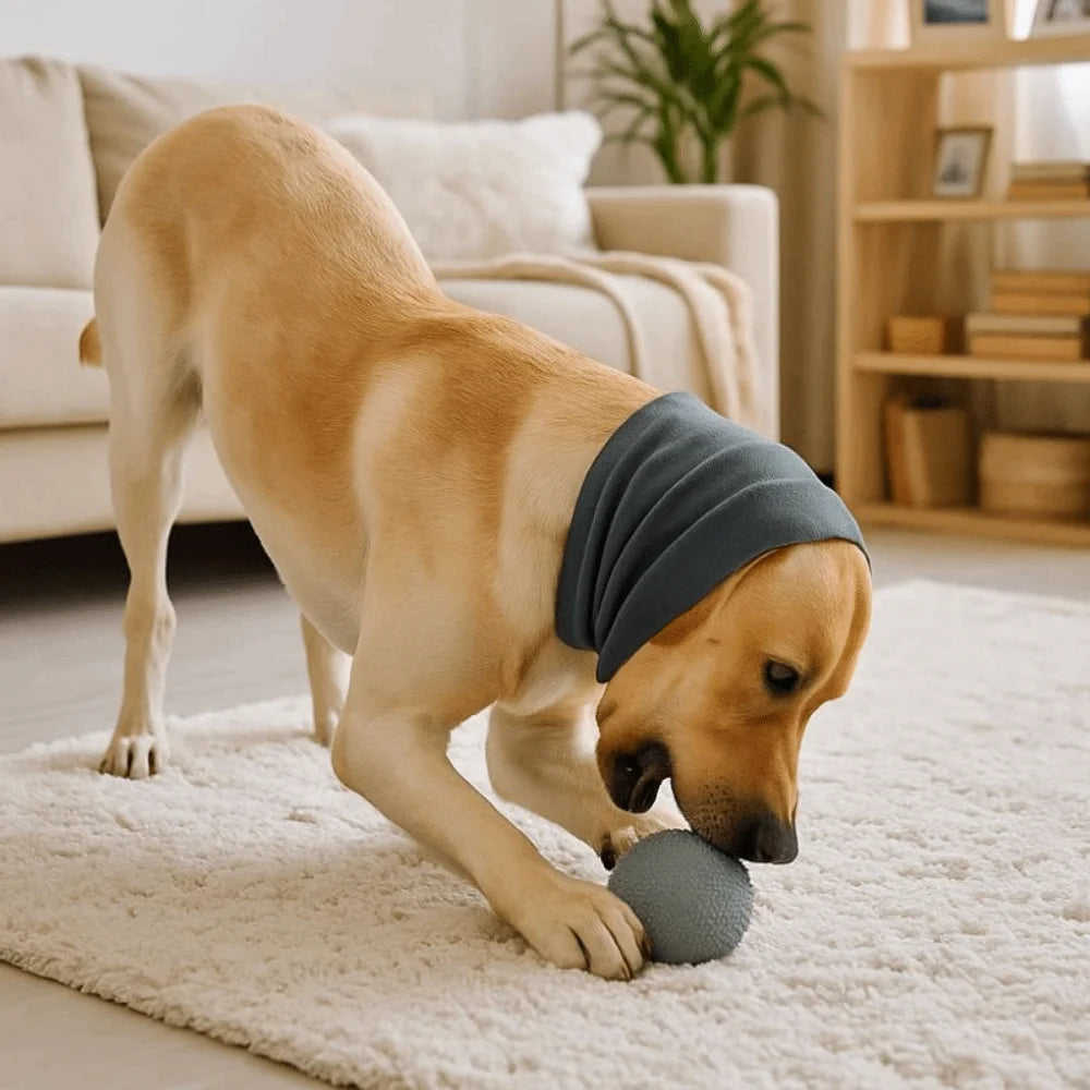 Ein hellbraunes Hund liegt auf einem weißen Teppich mit einer grauen beruhigenden Ohrenpolster nahe seiner Nase.