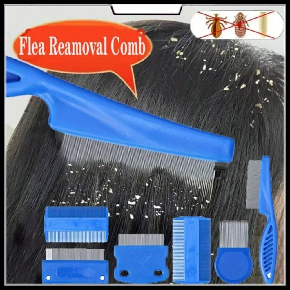 A set of blue and silver combs and a plastic tool for flea removal shown against dark hair.