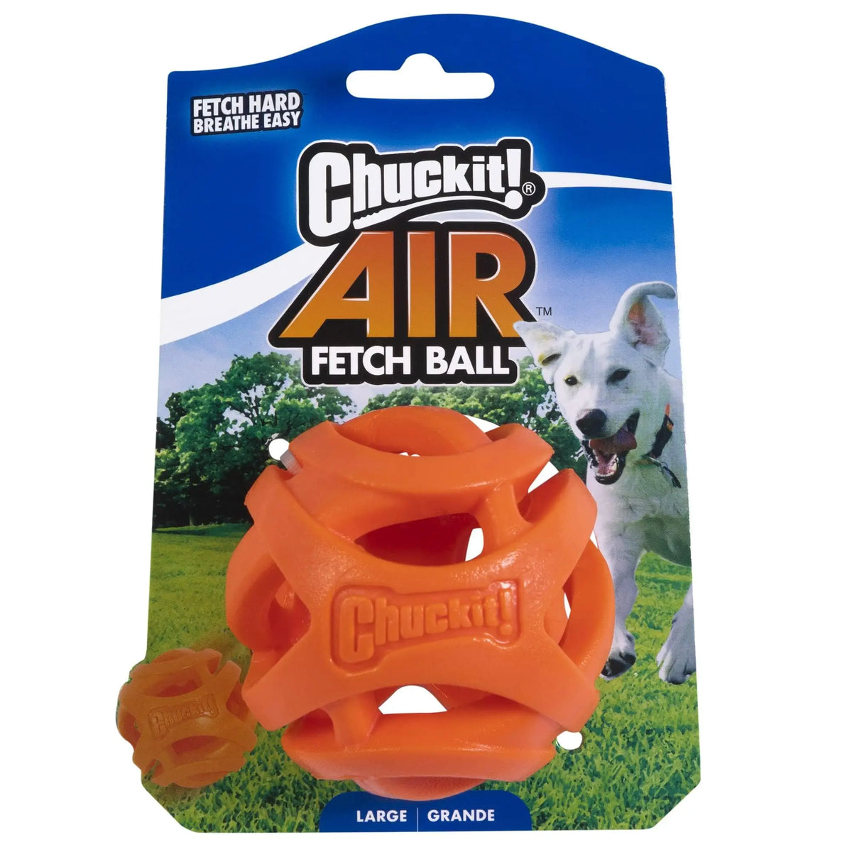 Orange Chuckit Air fetch ball for dogs shown in a package with a white dog in the background.