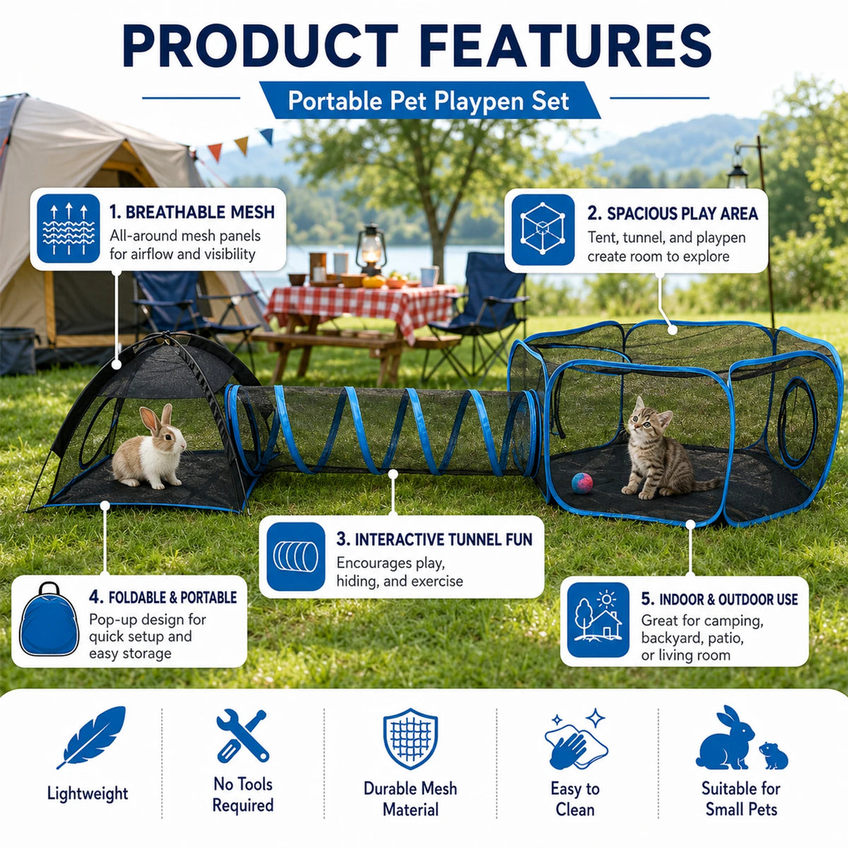 3-in-1 Portable Mesh Pet Playpen with Tunnel