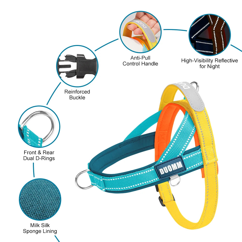 A yellow and orange dog harness with a blue strap, showing various components like a control handle and silicone lining.